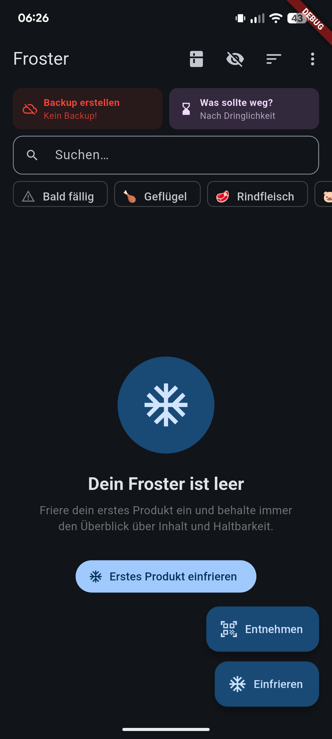 Startscreen — leerer Freezer