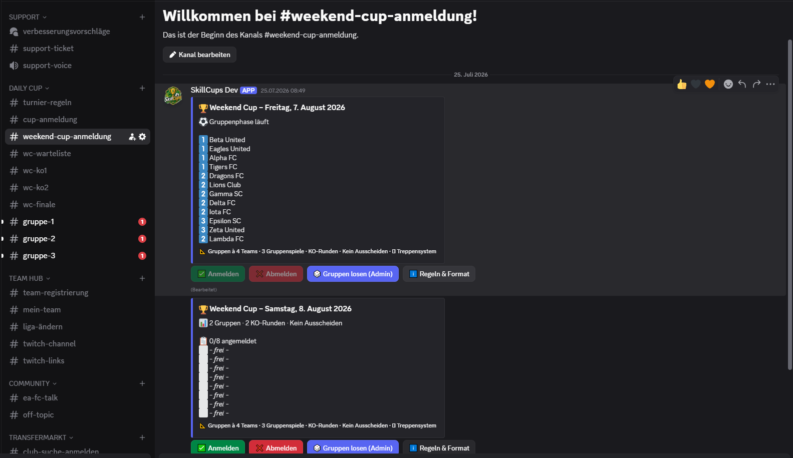 Weekend Cup Anmeldung mit Gruppen und Liga-Badges