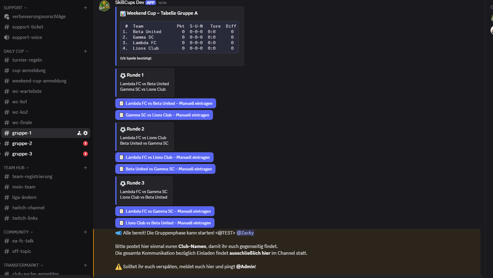 Gruppenphase mit Tabelle und Spielplan