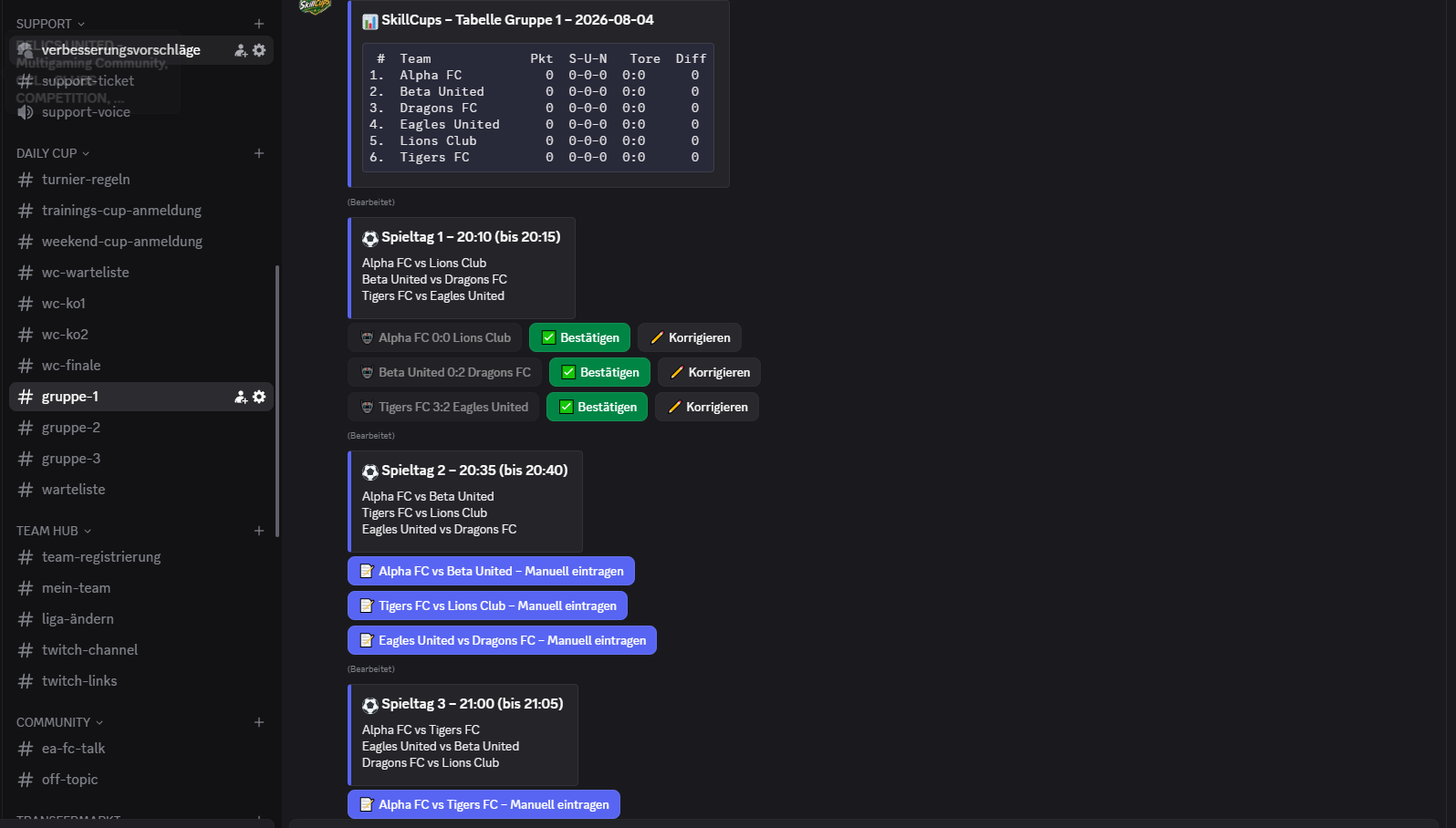 Live-Gruppenphase mit Spieltagen und Ergebnissen
