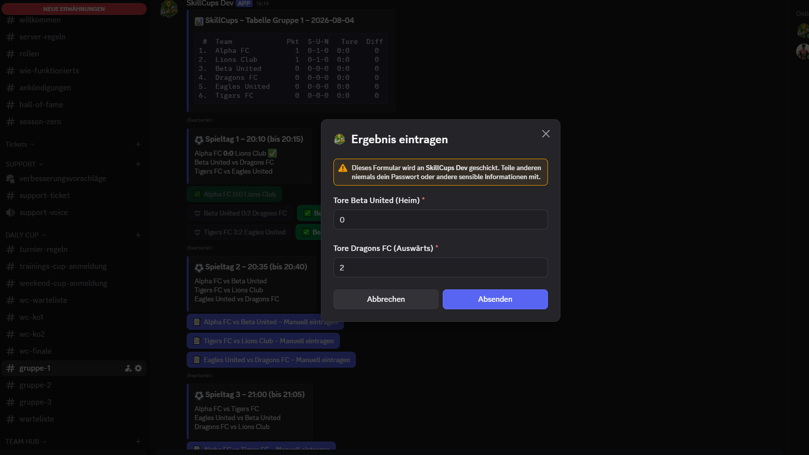 Ergebnis eintragen Dialog